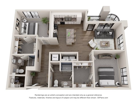 A 3D floor plan of a house with multiple rooms and furniture.
